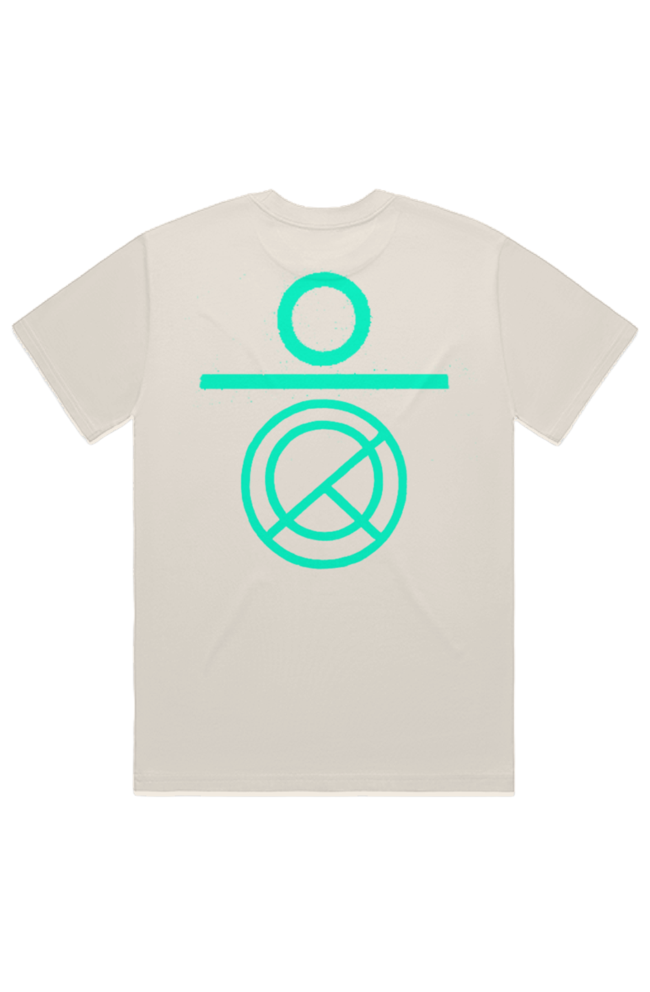 Beige t-shirt with green geometric symbols on a white background