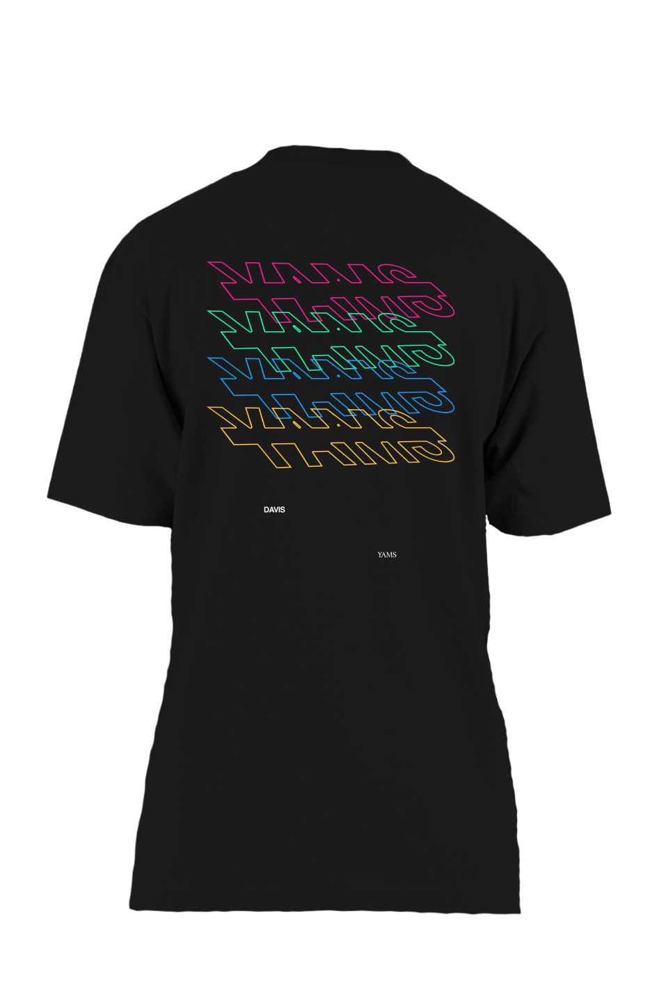 Black t-shirt with colorful text design on the back against a white background