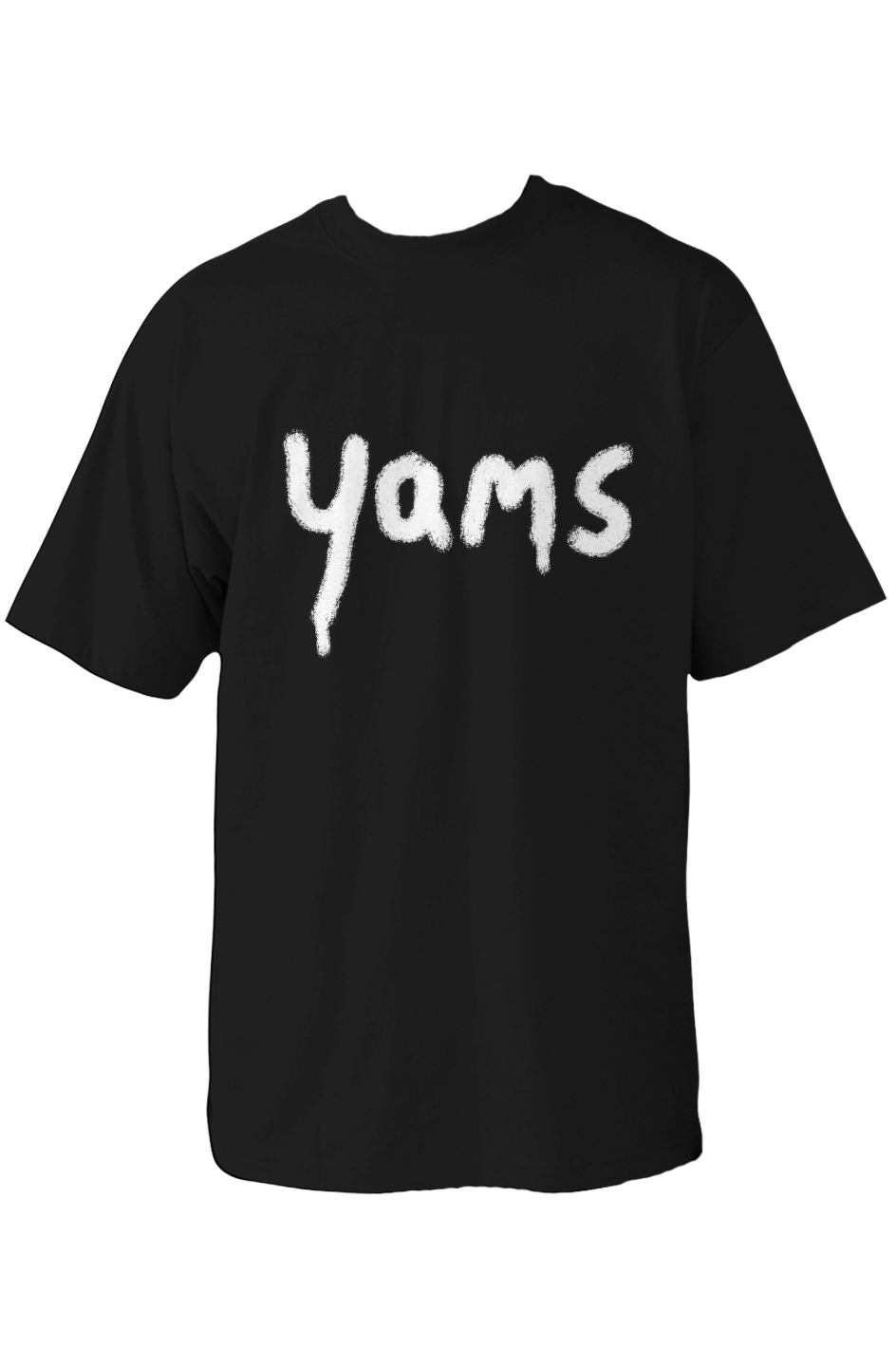 Black t-shirt with 'yams' printed in white on a white background